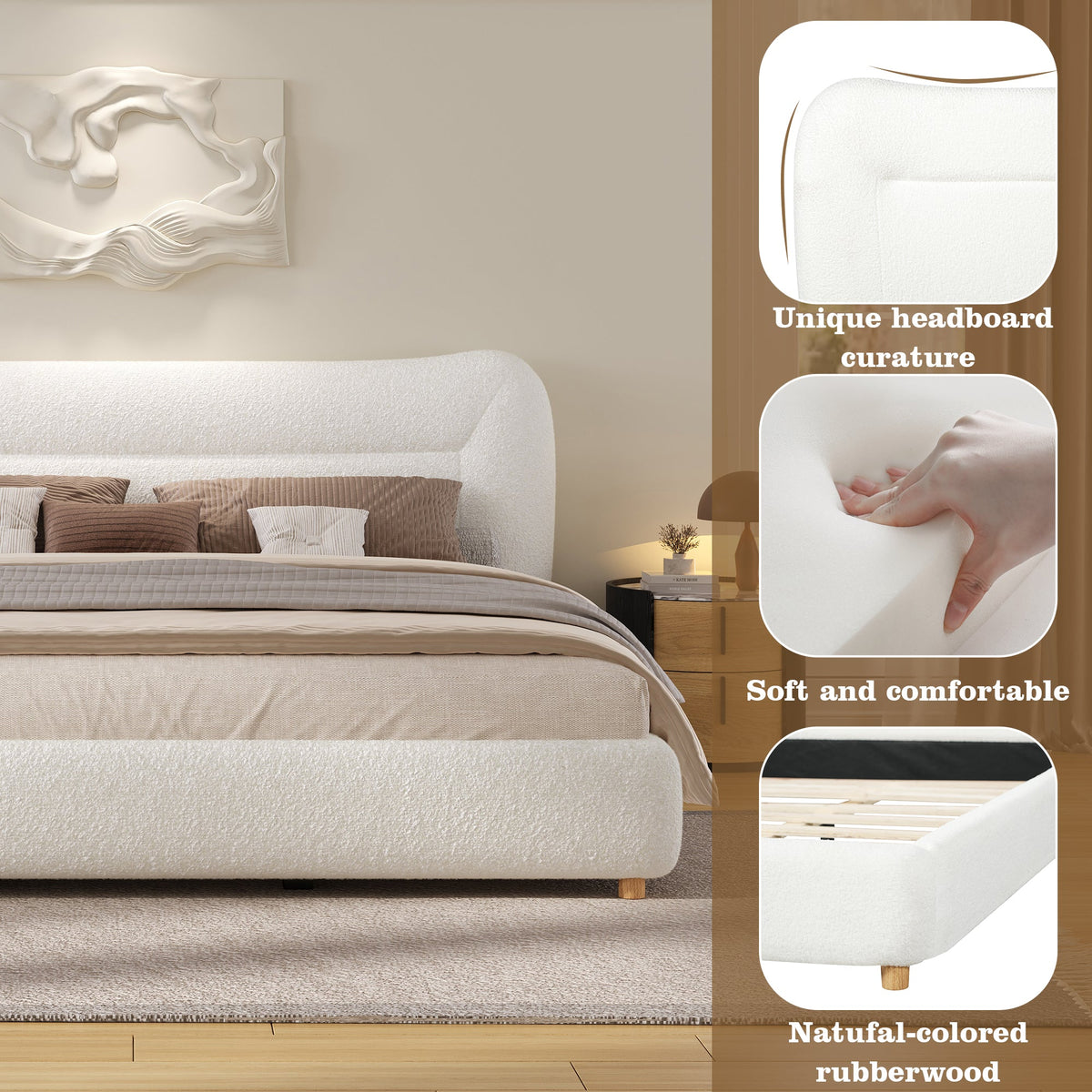 Minimalist Curved Headboard Teddy Bear Plush Bed, Queen