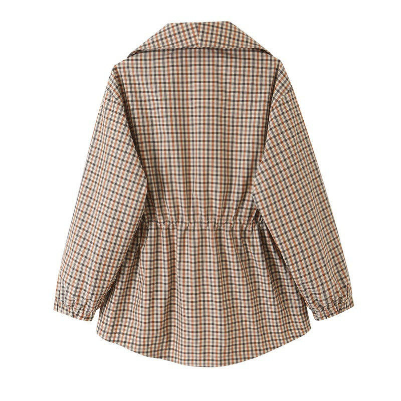 Womens Autumn Turn-down Collar Plaid Drawstring-waist Trench Coat
