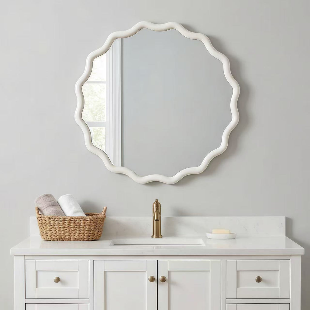 White 24 inch Wavy Round Solid Wood Frame Decorative Mirror