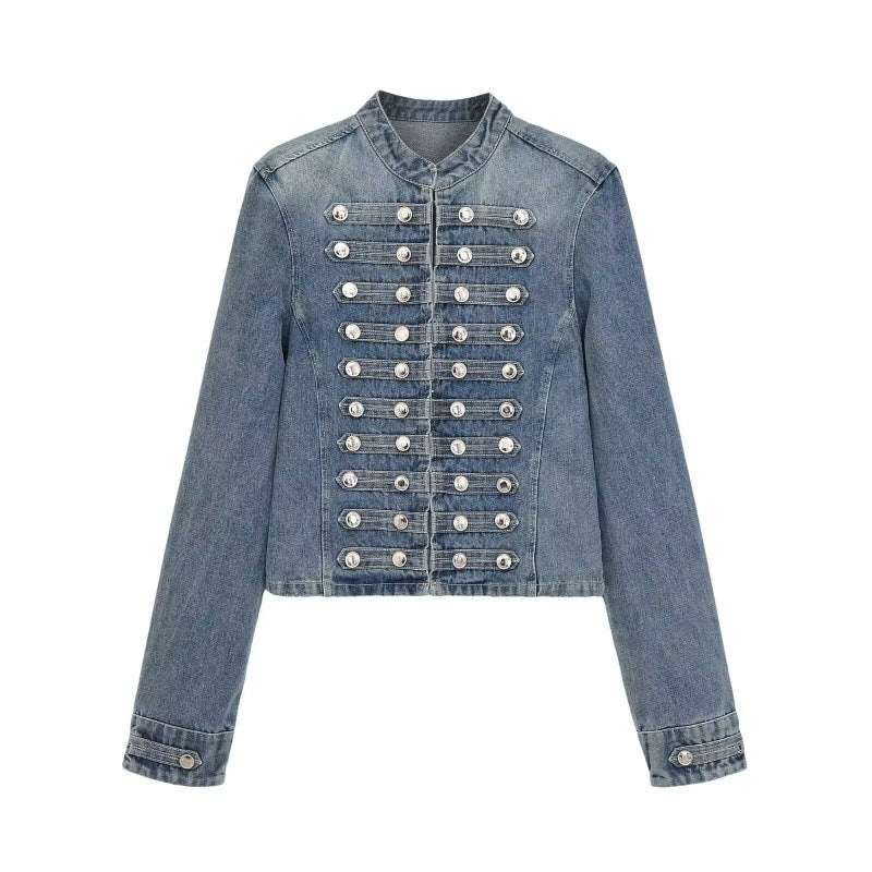 Womens Distressed Vintage Buttoned Denim Jacket