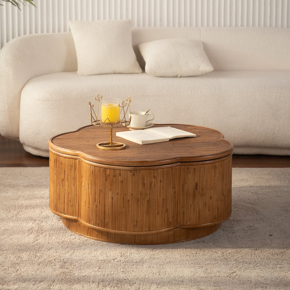 Flower-Shaped Rattan Coffee Table with Lift-Off Lid Storage
