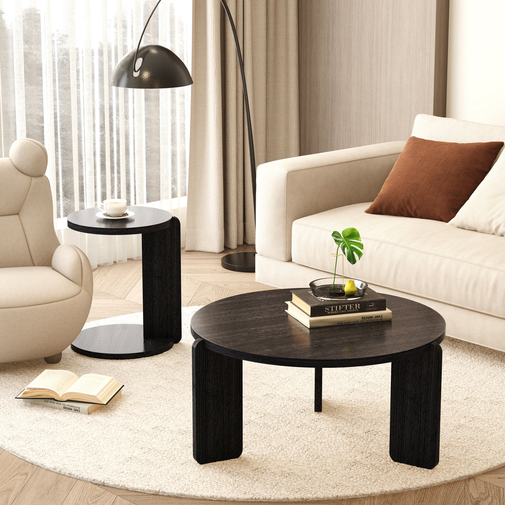 Nesting Round Wood Coffee Table with End Table Set of 2