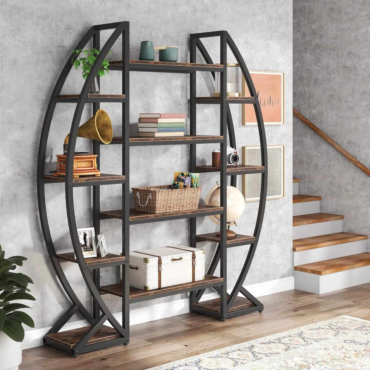55" Triple Wide Oval Industrial Rustic Bookcase