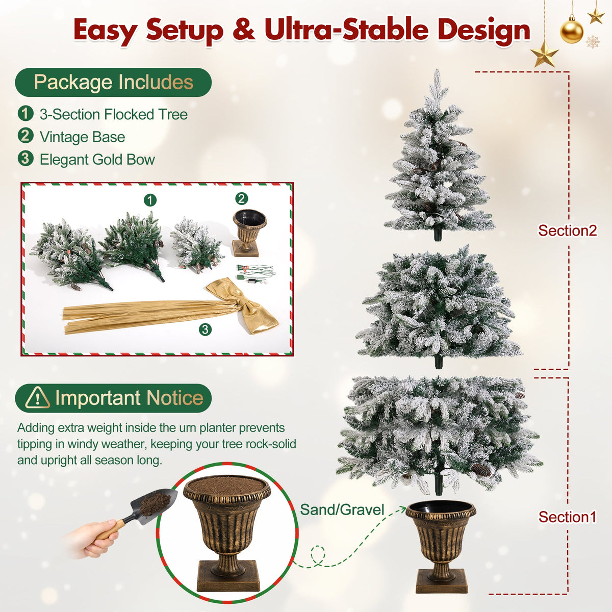 6FT Pre-Lit Flocked Christmas Tree with Real Pine Cones