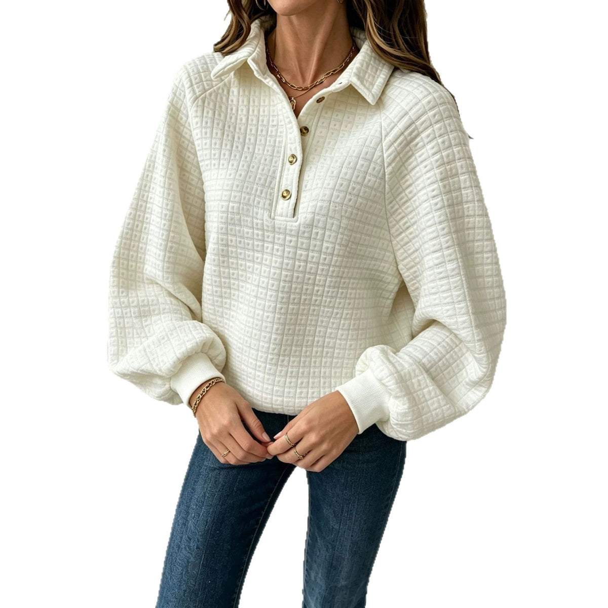 Turn-down Collar Textured Top Women's Pullover Sweatshirt