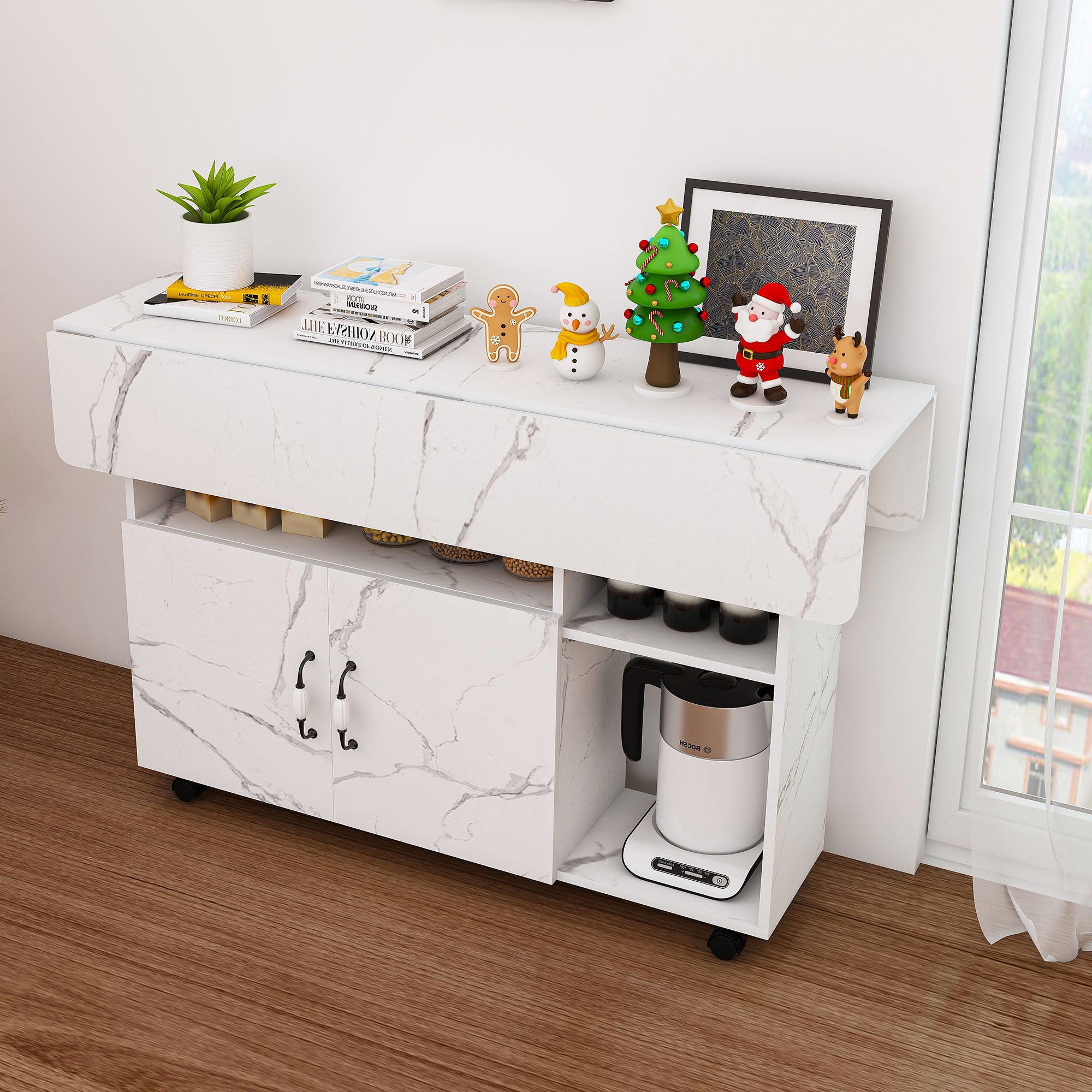 Multi-Functional Folding Table with Storage Shelves and Wheels