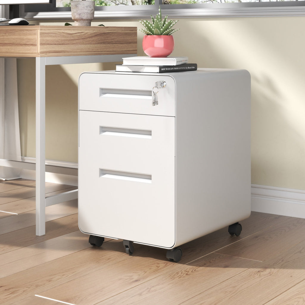 3-Drawer Wide Mobile File Cabinet with Lock