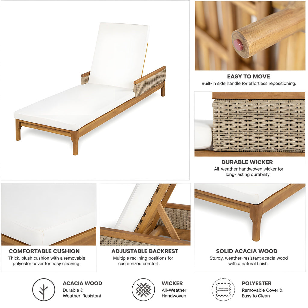Solid Acacia Wood Sun Chaise Lounger