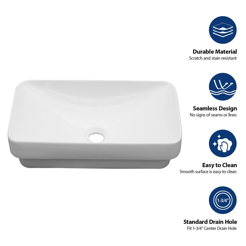 19"x12" White Semi-Recessed Ceramic Bathroom Sink