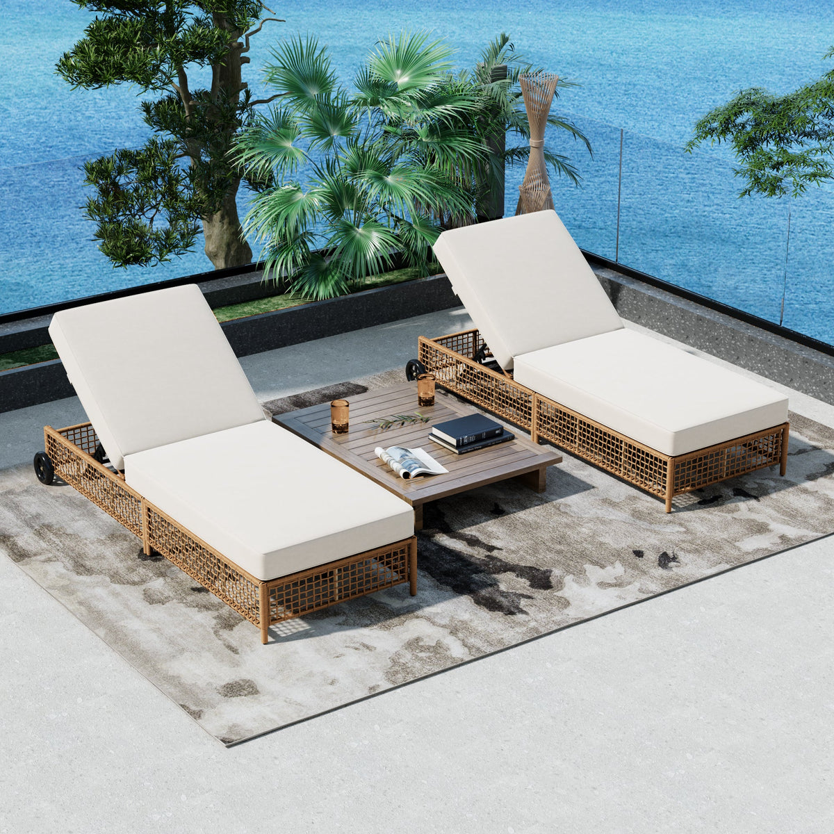 TREXM Outdoor Lounge Chair with Cushion and Wheels