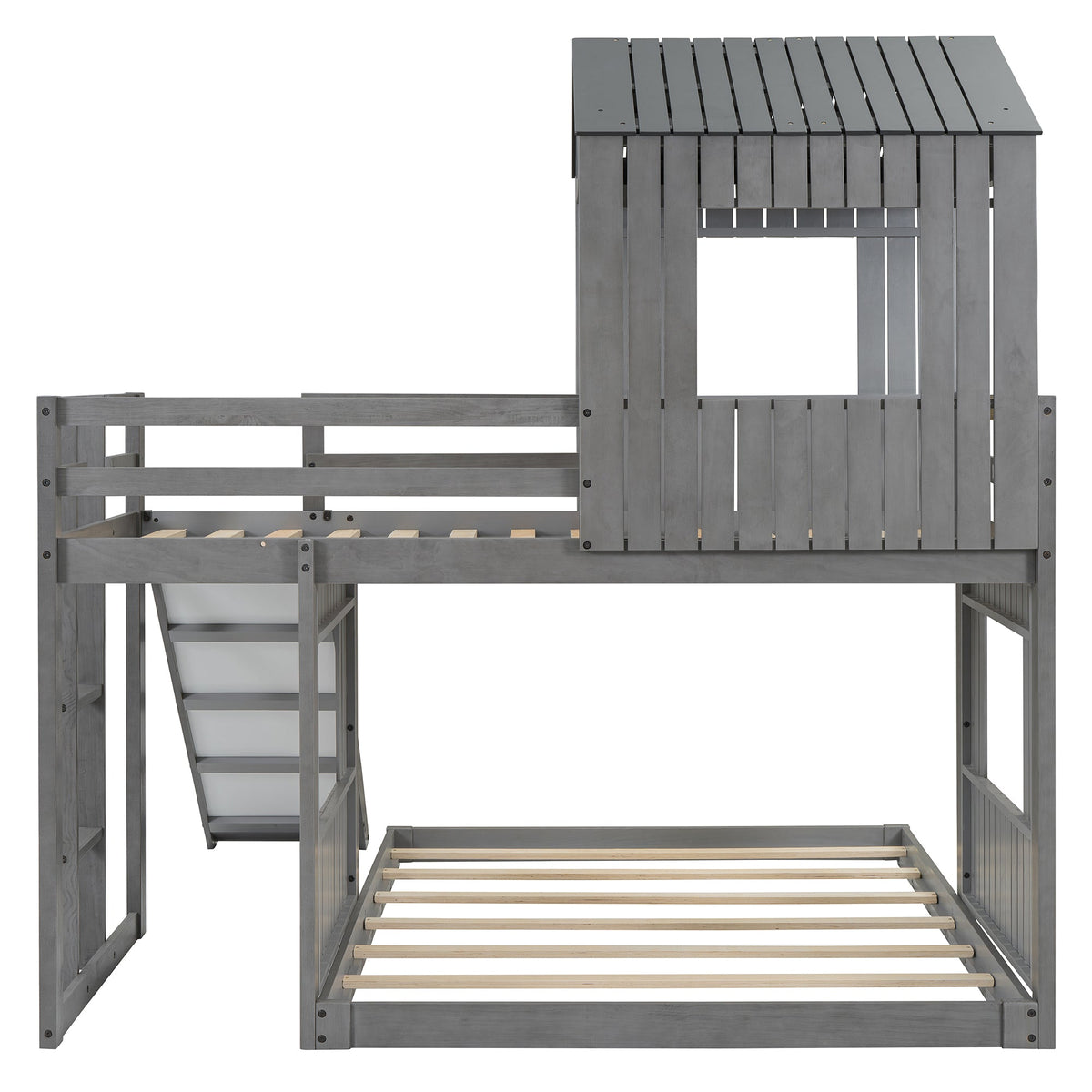Wooden Twin Over Full Bunk Bed with Playhouse