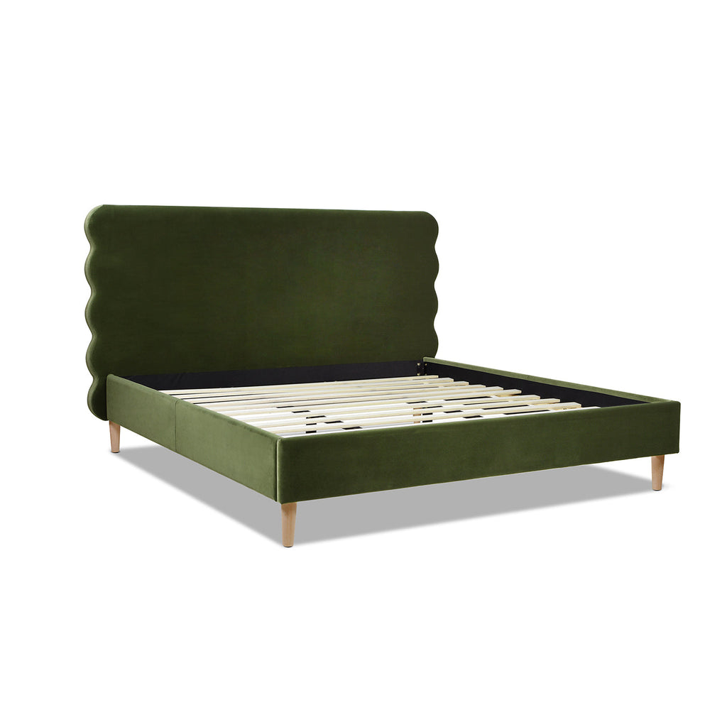Stockholm Modern Wavy Headboard Platform Bed, King, Olive
