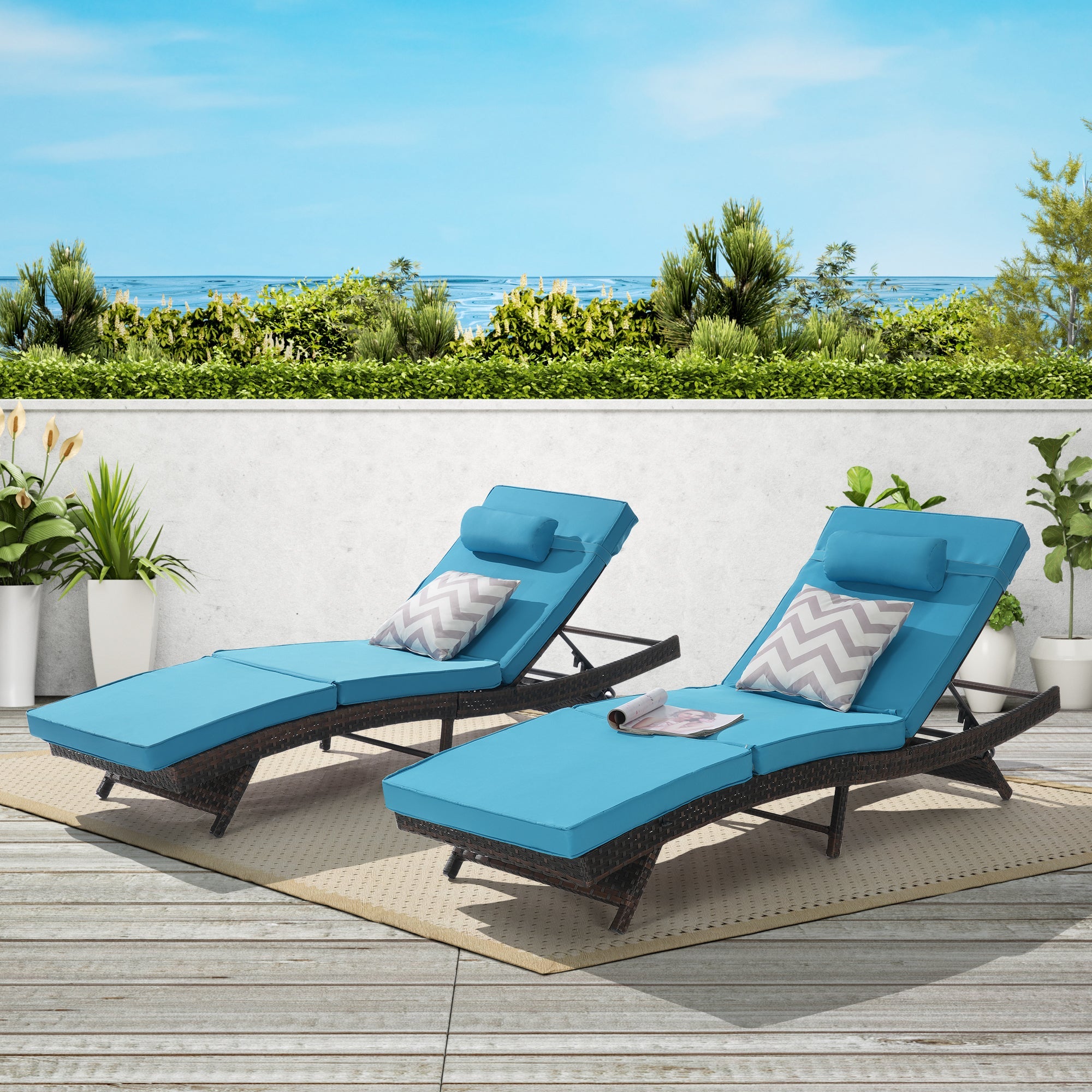 Outdoor Wicker Long Reclining Chair Set of 2