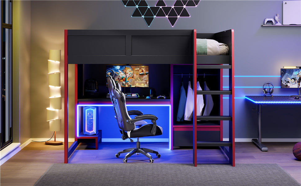 Wood Full Size Gaming Loft Bed with Built-in Desk, Wardrobe, LED and Drawer
