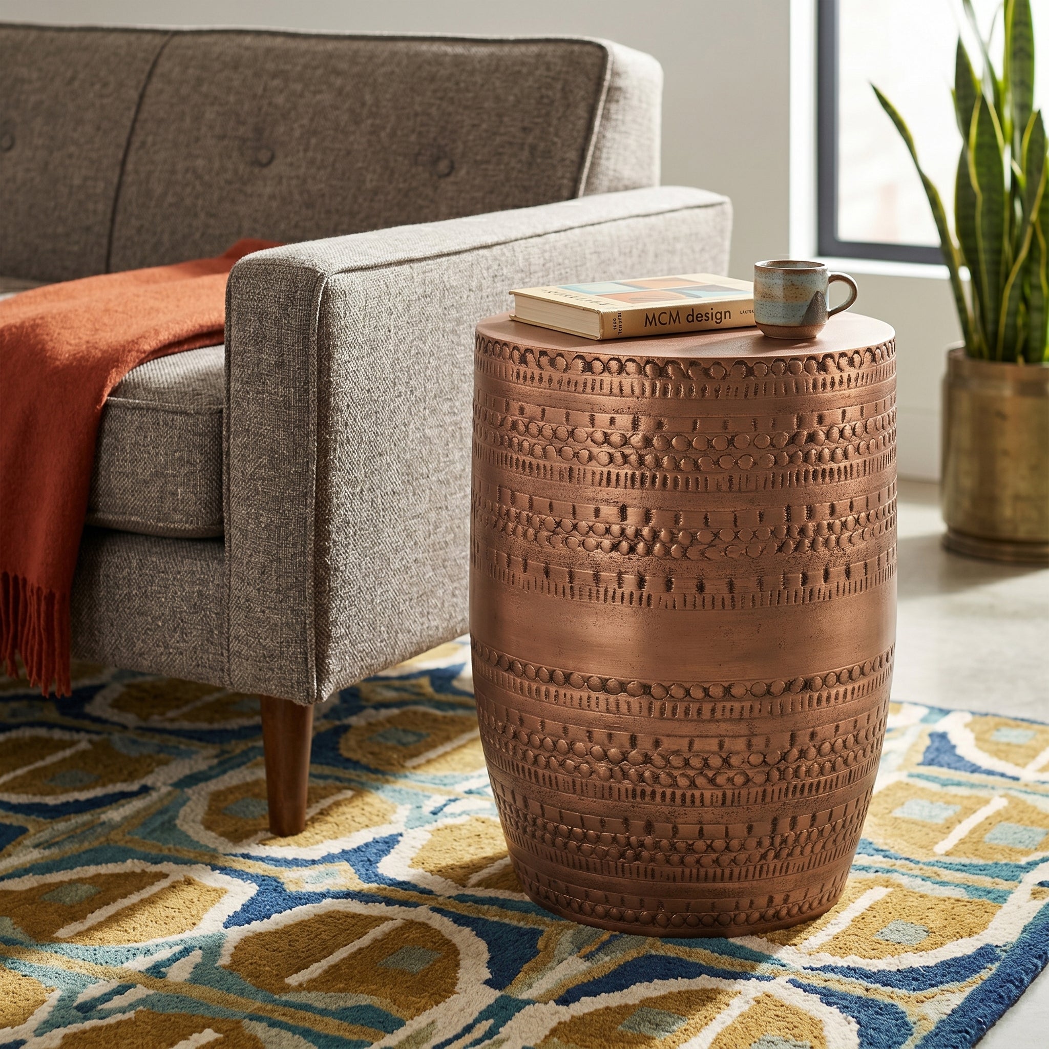 Johnsen 15 Inch Wide Tribal Pattern Metal Accent Table in Antique Cooper
