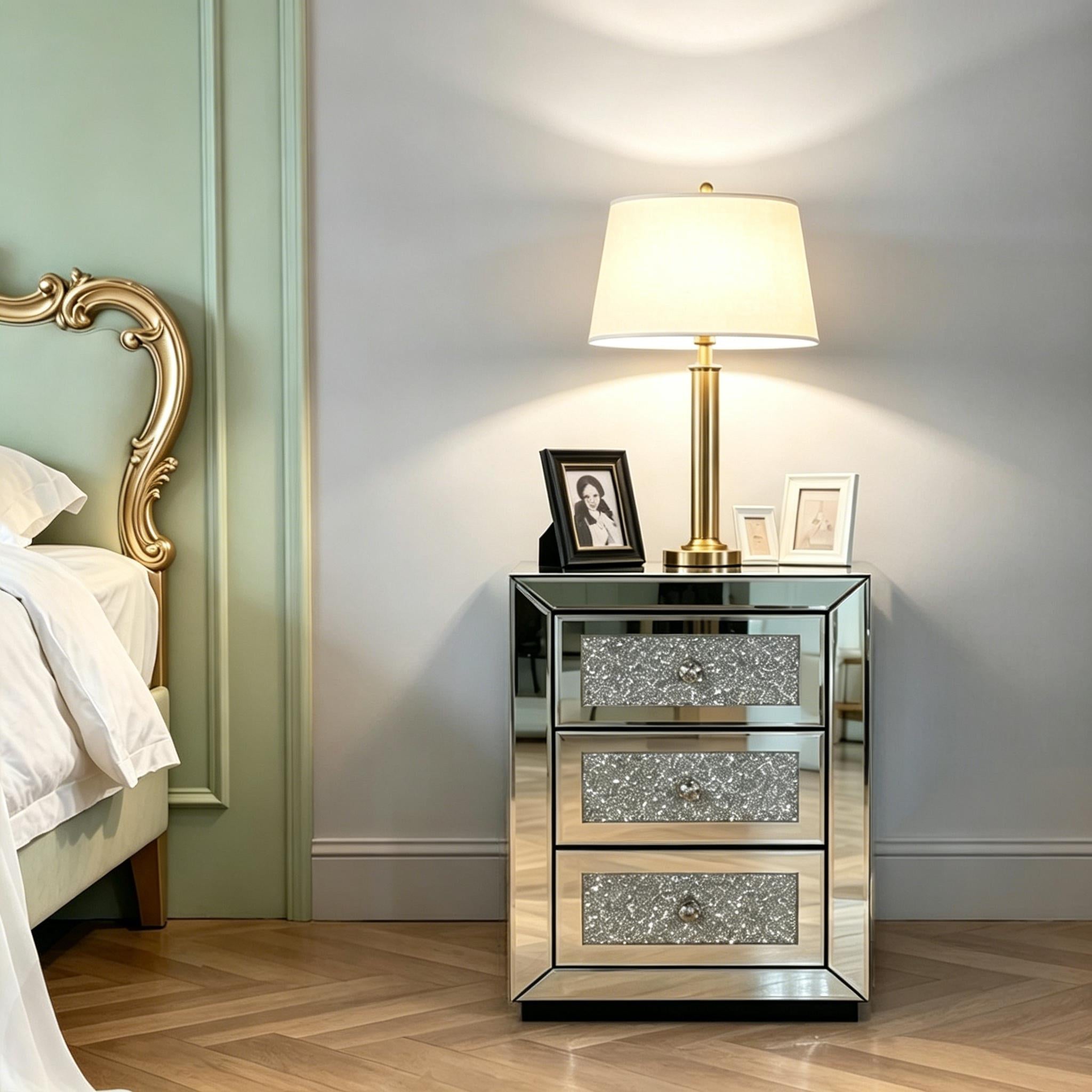 Mirrored Nightstand 3 Drawer