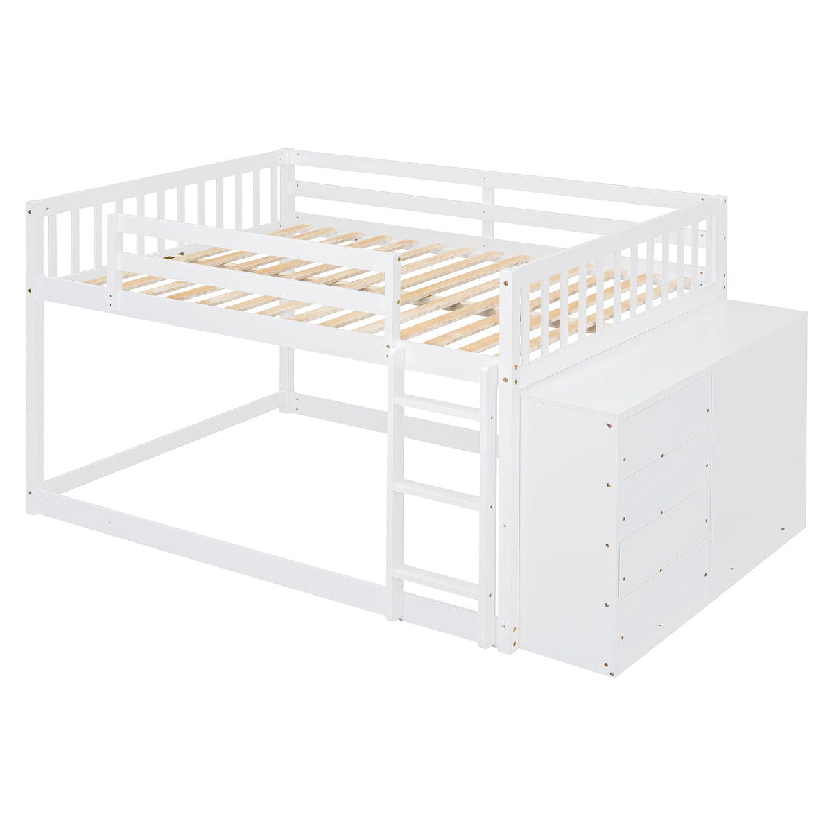 Full Over Full Bunk Bed with 4 Drawers and 3 Shelves - White
