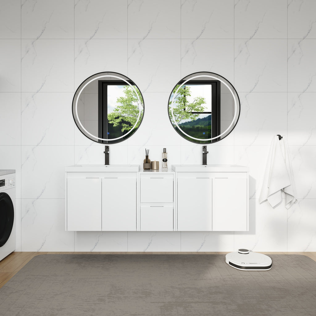 60" Bathroom Vanity With Resin Sink, Soft Close Doors and 1-Side Cabinet, Float Mounting Design, Glossy