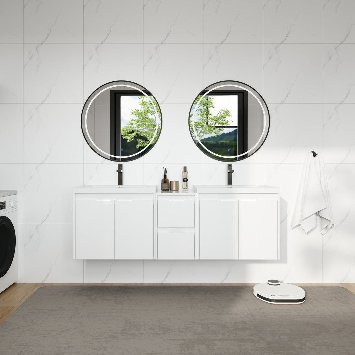 60" Bathroom Vanity With Resin Sink, Soft Close Doors and 1-Side Cabinet, Float Mounting Design, Glossy