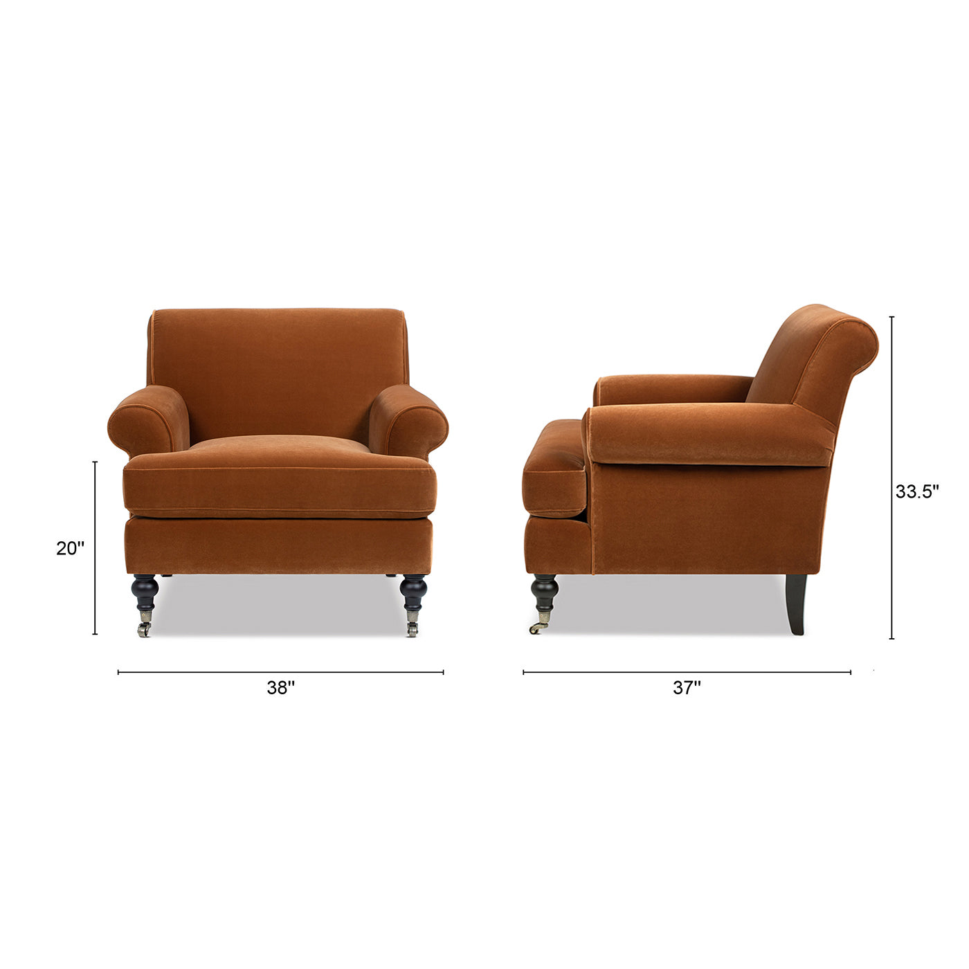 Alana 38" Lawson Accent Arm Chair with Metal Casters, Burnt