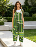 Women Green Abstract Geometric Print Tie Strap Overalls, Loose Wide Leg Rolled Cuff Casual Jumpsuit With Pockets