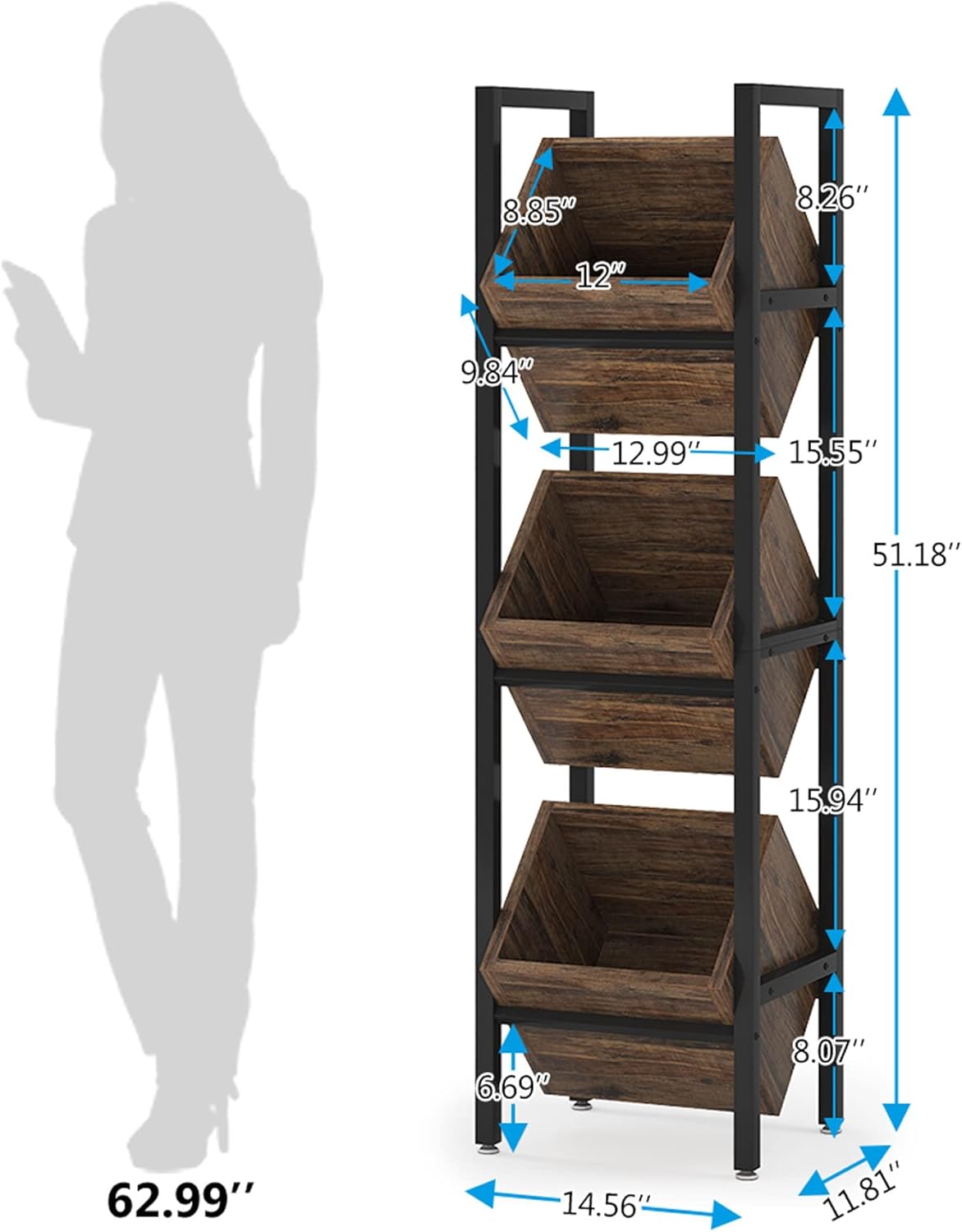 15" 3-Tier Industrial Basket Stand with Angled Baskets