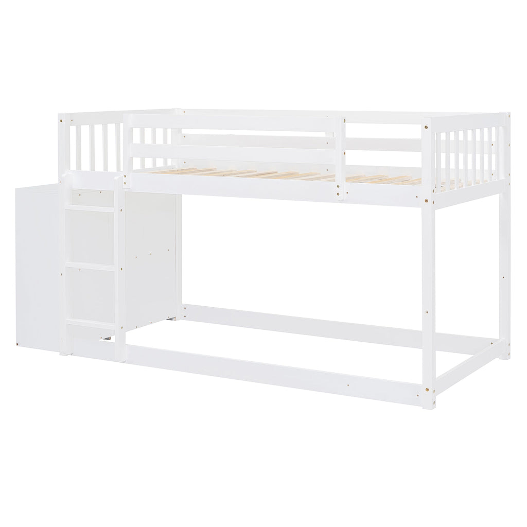 Twin Over Twin Bunk Bed with 4 Drawers and 3 Shelves - White