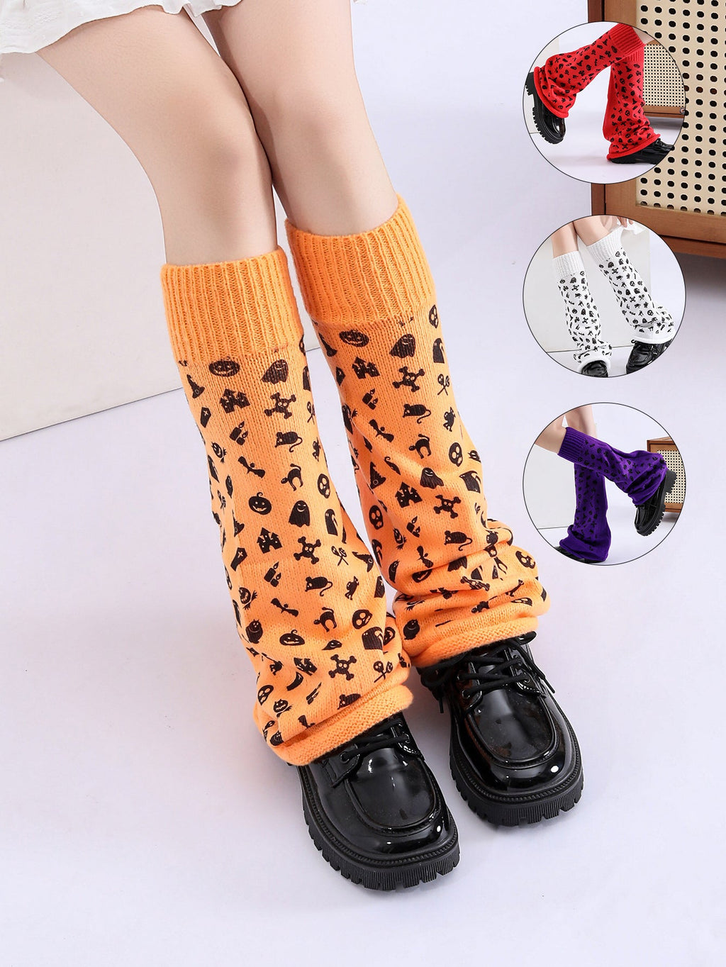 Women Girls Neon Halloween Print Knit Flared Leg Warmers Slouch Socks For Party Clubwear