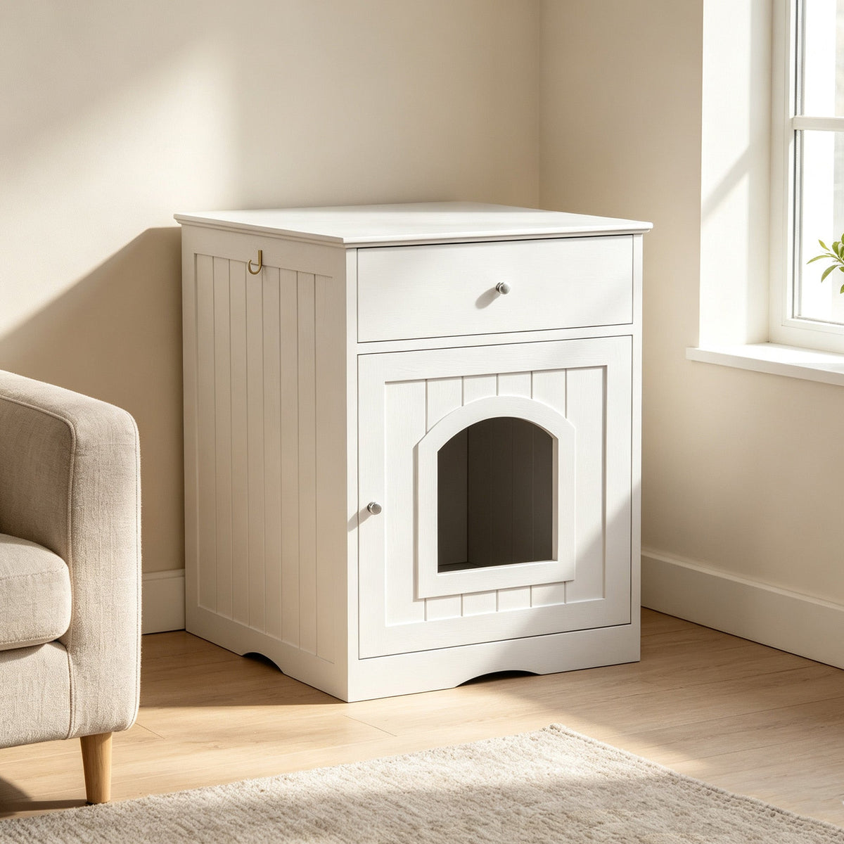Wooden Pet House Cat Litter Box Enclosure - White