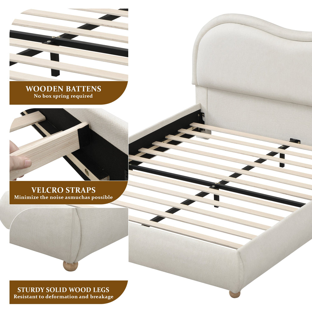 Queen Size Upholstered Platform Bed Frame with Rounded Corners Curved Headboard