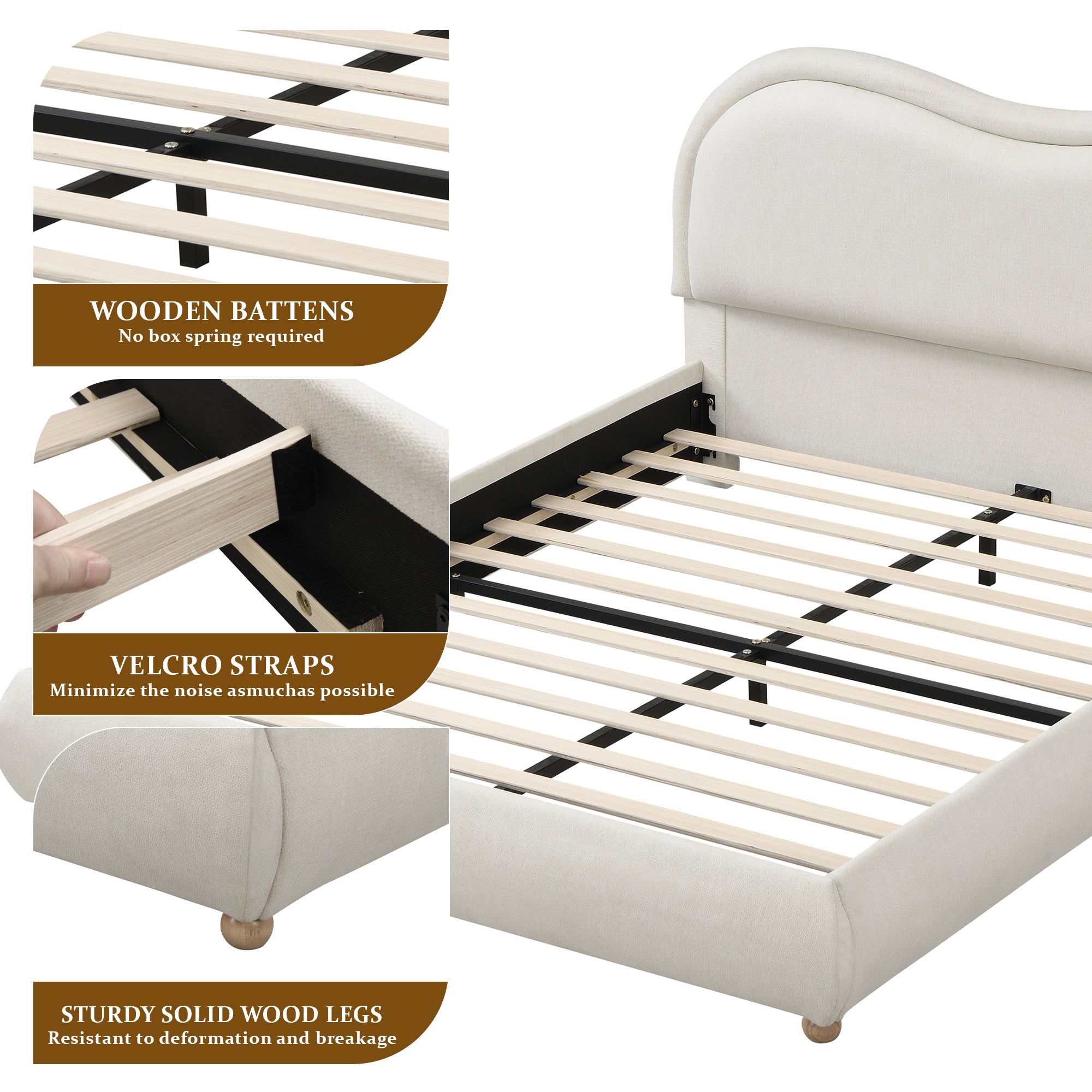 Queen Size Upholstered Platform Bed Frame with Rounded Corners Curved Headboard