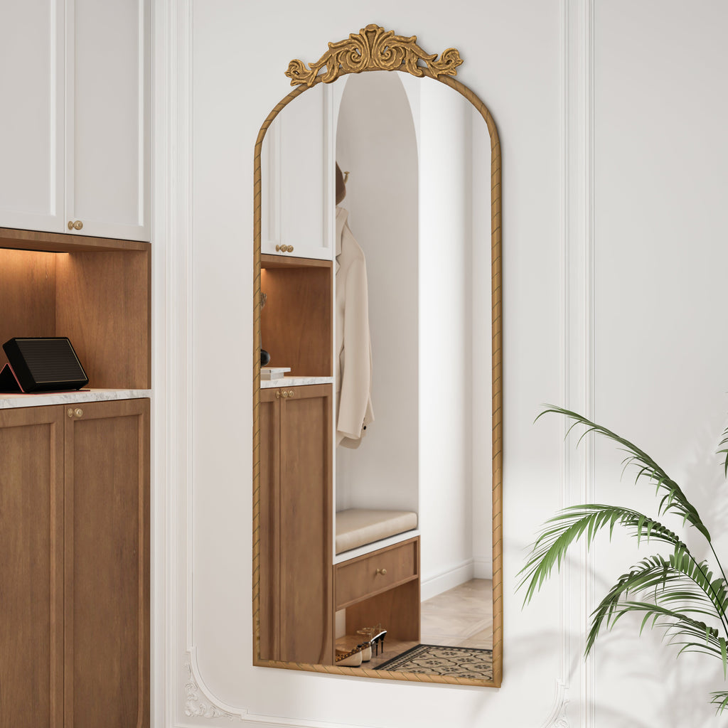 58"x24" Arched Full Body Mirror with Vintage Ornate Carving