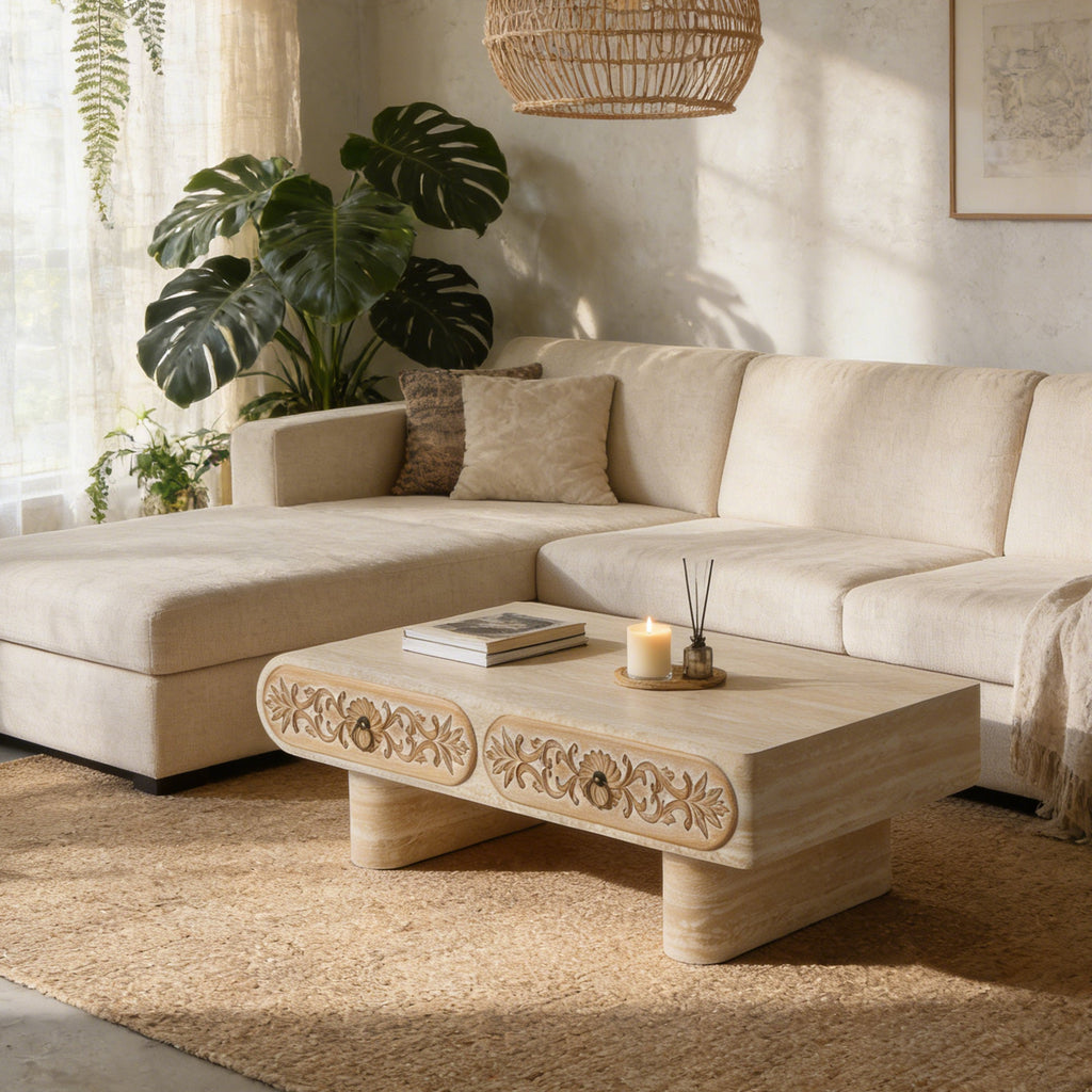 Rounded Edge Coffee Table with Flower Pattern Solid Wood Drawer