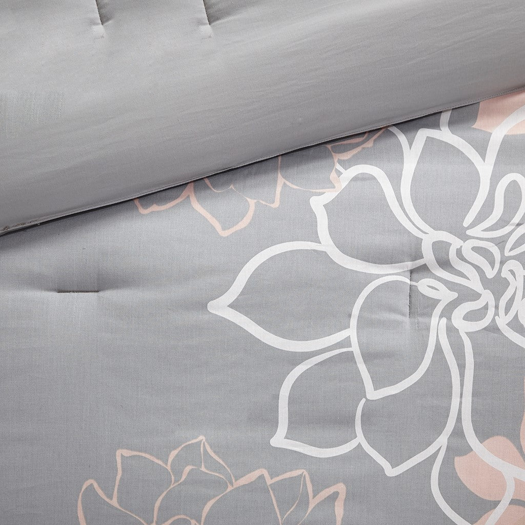 Printed Cotton Sateen Comforter Set Grey/Peach Queen