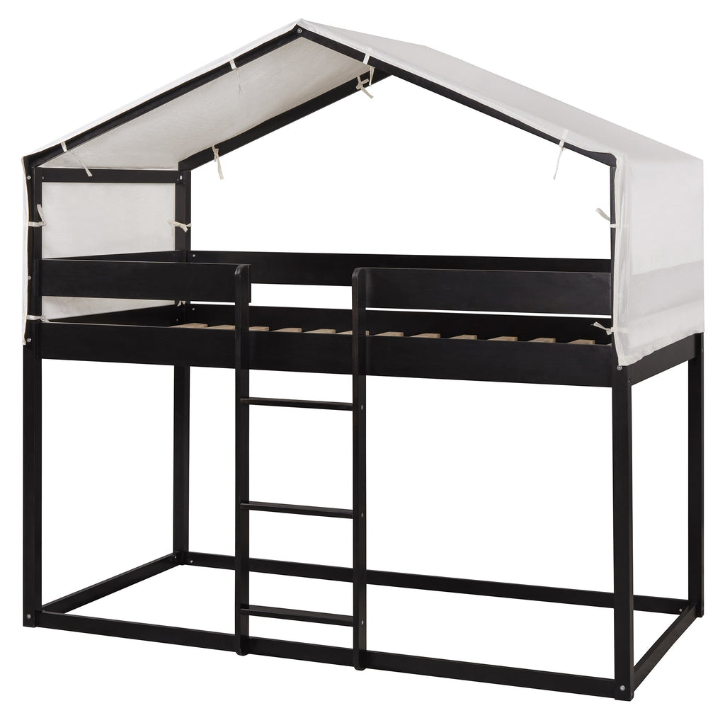 Twin Over Twin Wood Bunk Bed with Tent in Espresso