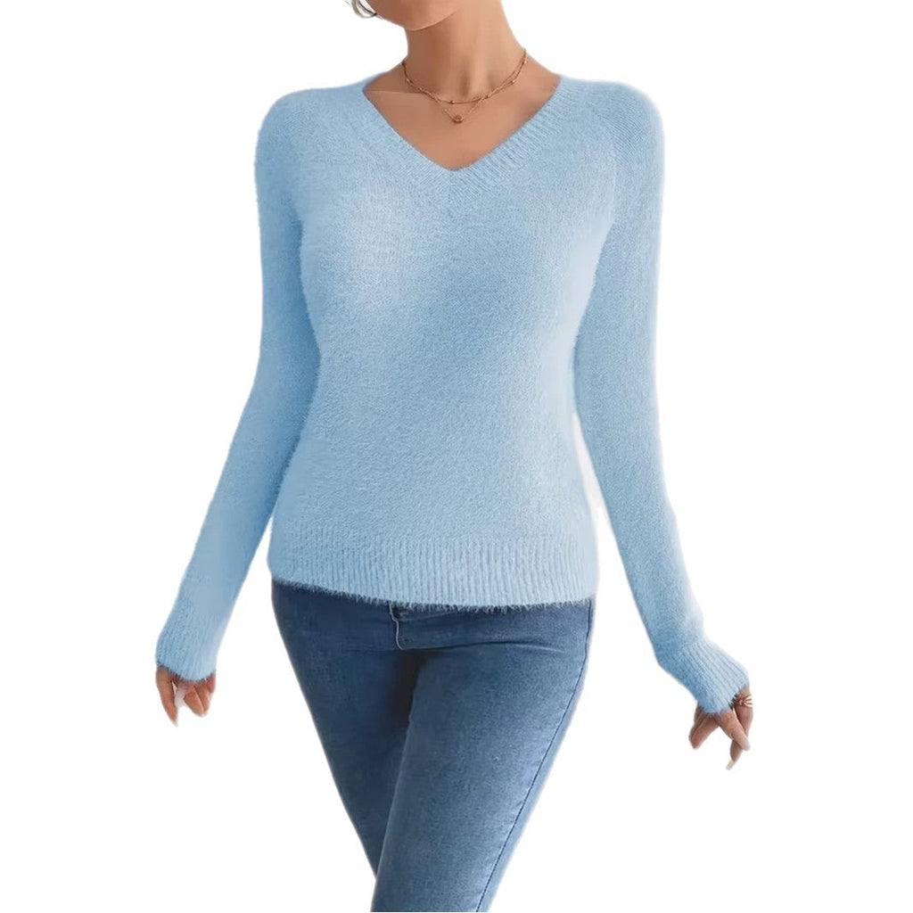 V-neck Solid-color Knitted Warm Plush Sweater