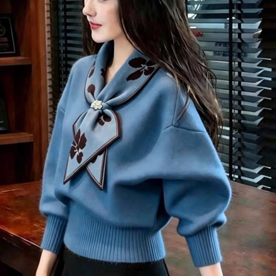 Bow-knot Collar Warm Knitted Sweater For Women