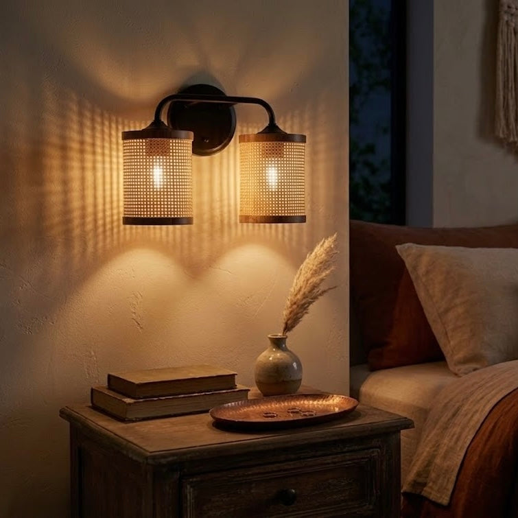Quell Double Light Vanity With Natural Rattan Shade