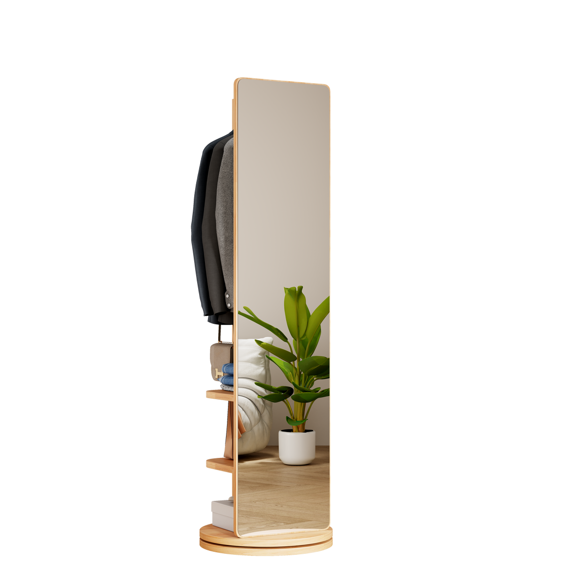 Multifunctional 360° Rotating Full Length Mirror with Coat Rack