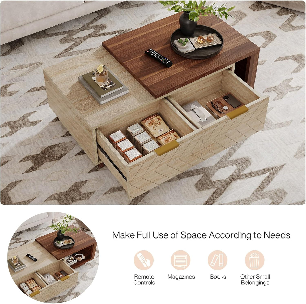 42.13" Extendable Coffee Table with Storage Drawers