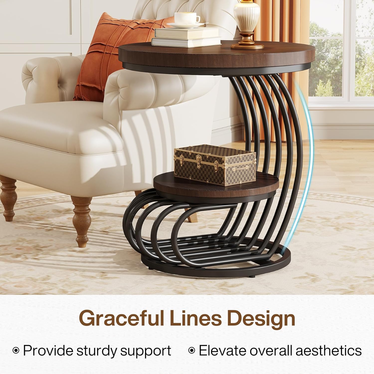 19.68" Round Vintage End Table with 2-Tier Storage – Rustic