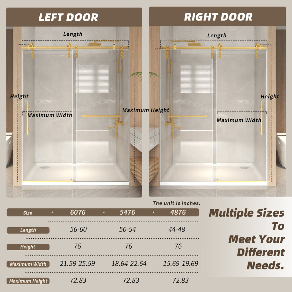 Frameless Sliding Shower Door - 76" H Clear Tempered Glass