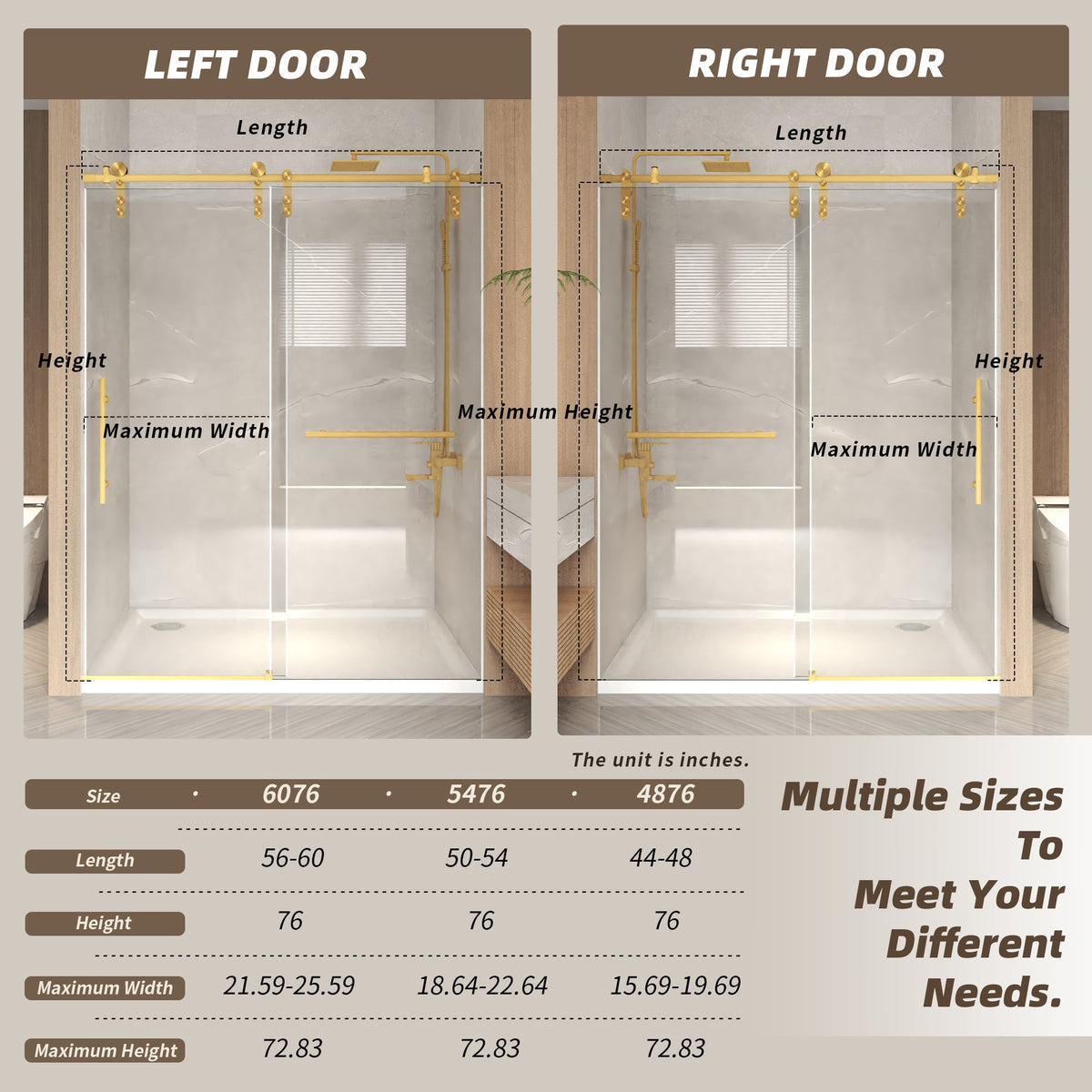 Frameless Sliding Shower Door - 76" H Clear Tempered Glass