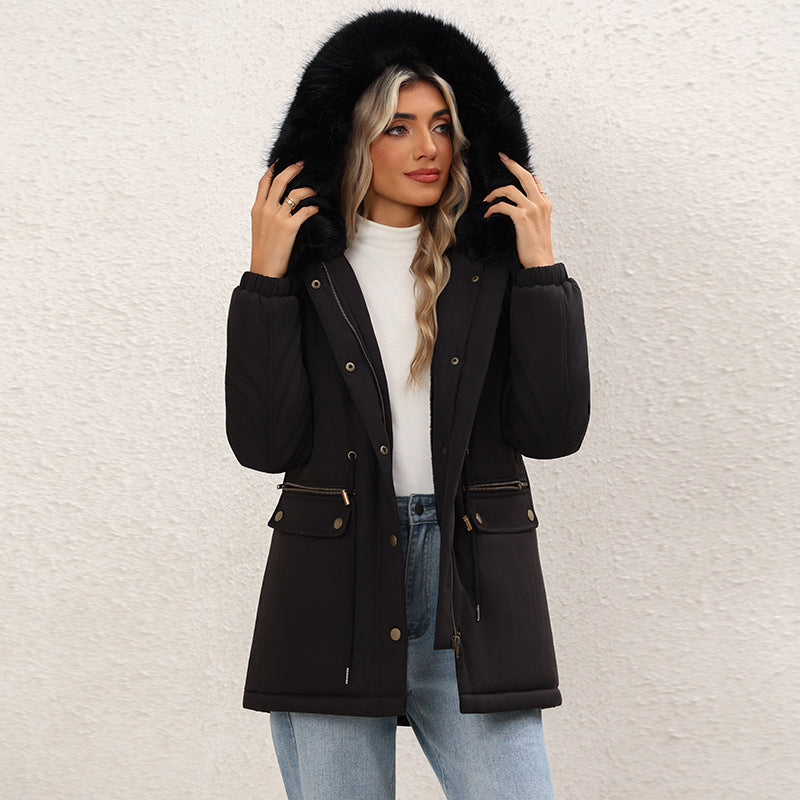 Women's Fleece-lined Mid-length Hooded Cotton Padded Jacket