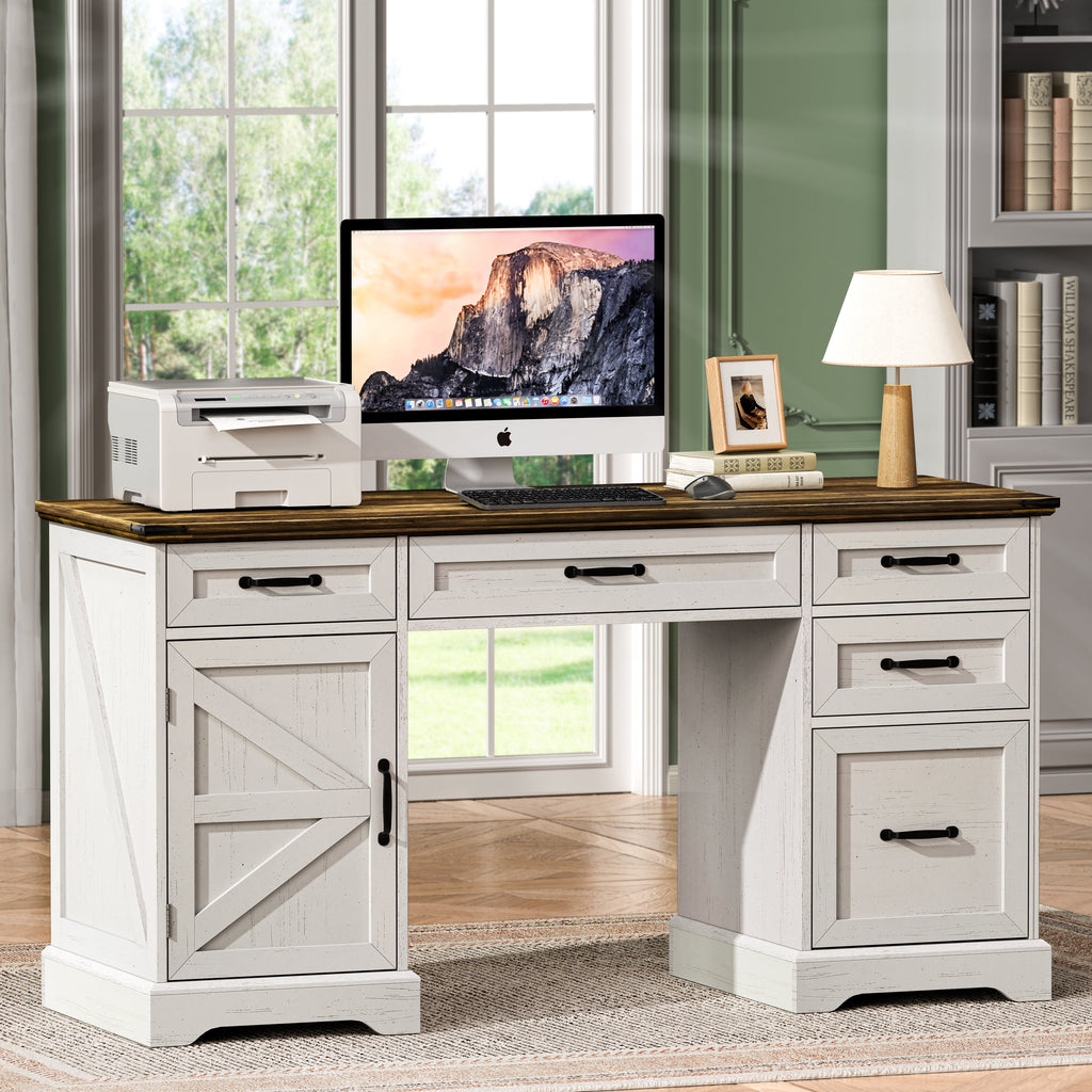 58" Farmhouse Executive Desk with Drawers and File Cabinet