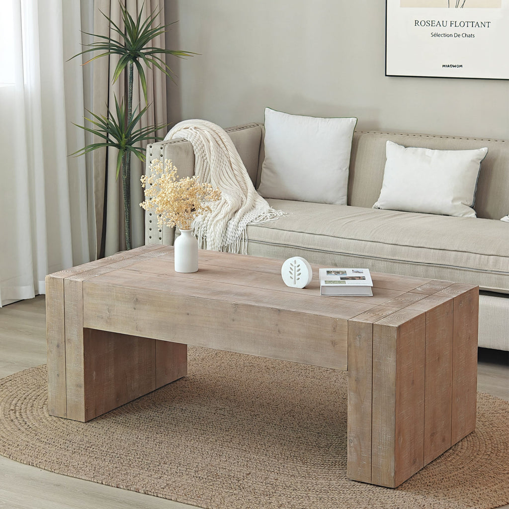 Rustic Wood Coffee Table, 49in Modern Farmhouse Rectangular Table for Living Room