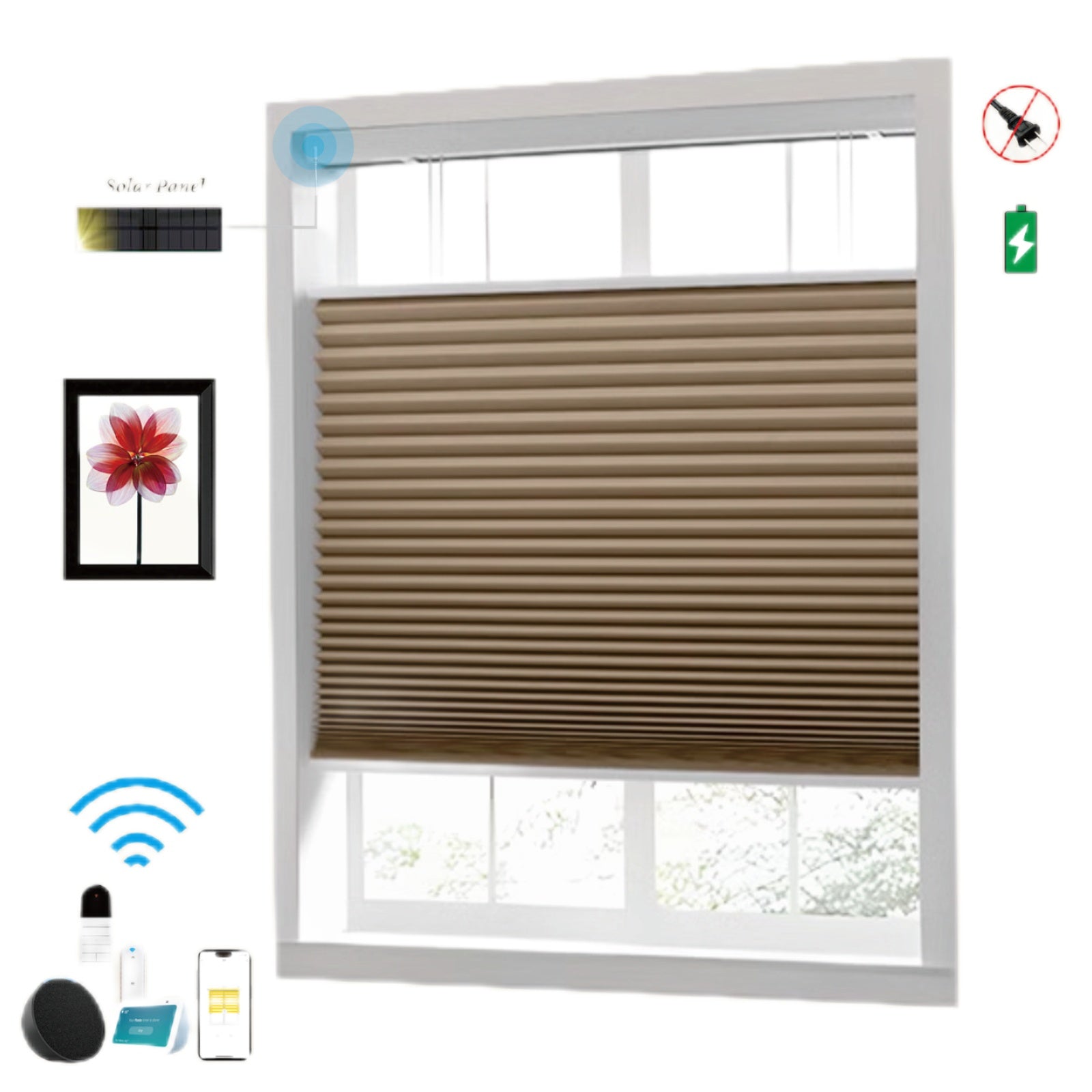 Raised Flag Day-Night Shade With Remote Control And Solar Panel-Full Blackout Motorized Shades For Home And Office-Cordless Organ Shade-Cordless Cellular Shade-Khaki