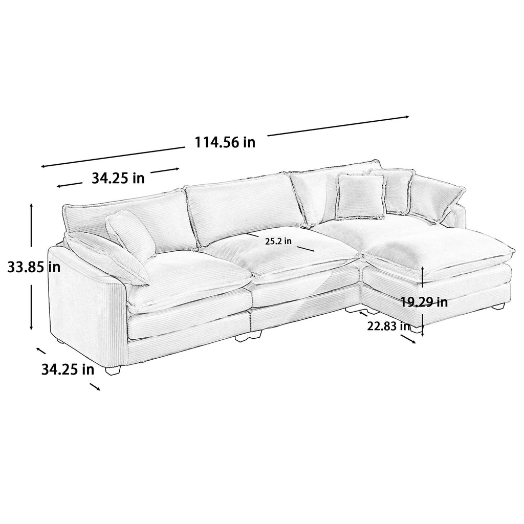 Modular Deep Seat 3-Seat Sofa Couch with Ottoman