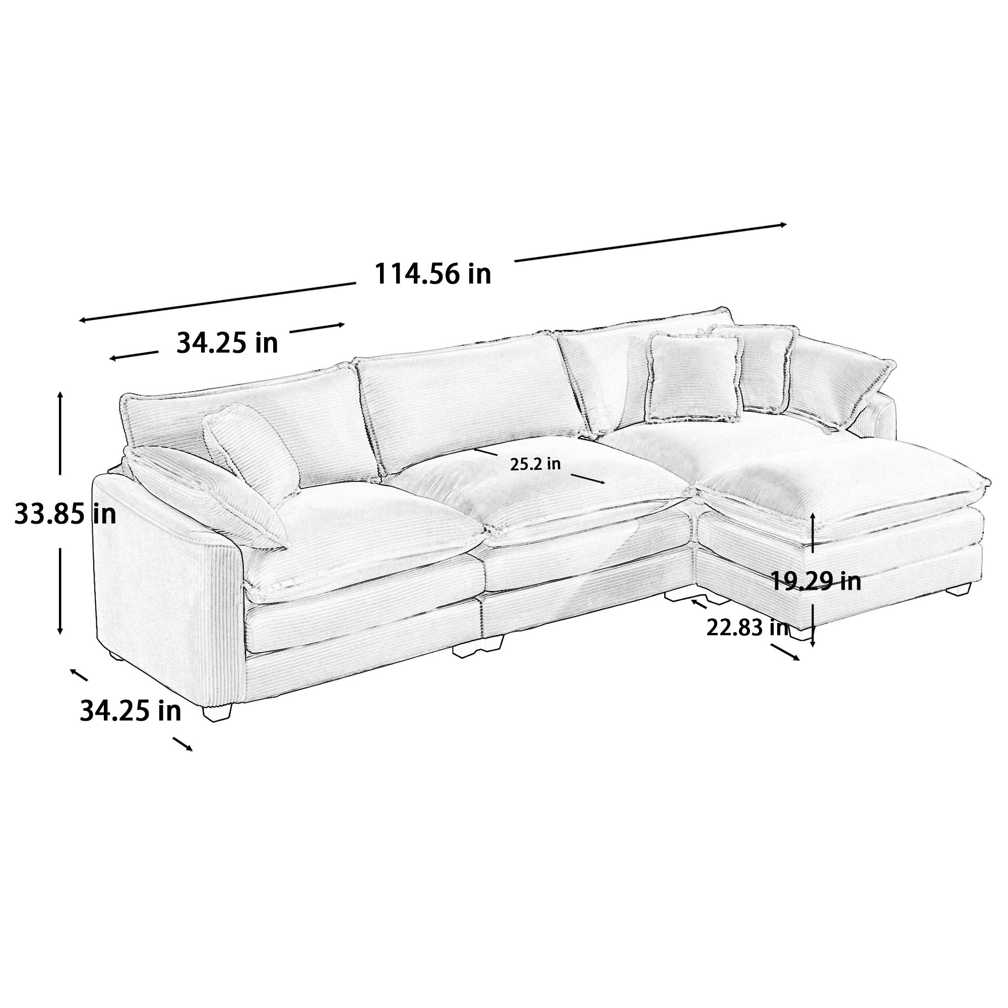 Modular Deep Seat 3-Seat Sofa Couch with Ottoman