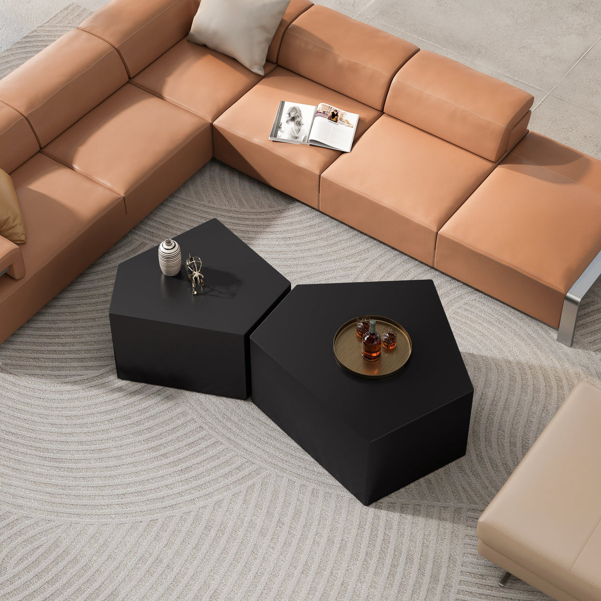 Irregular Pentagon Nesting Coffee Table Set - Black, Set of 2
